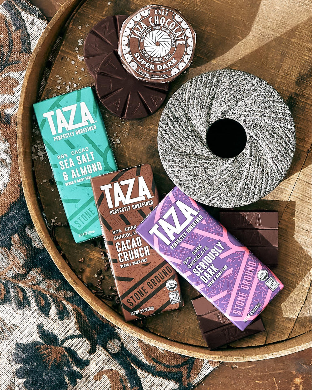Taza Chocolate Amaze Bar 87% ingredients-label close-up shows organic non GMO cacao origin