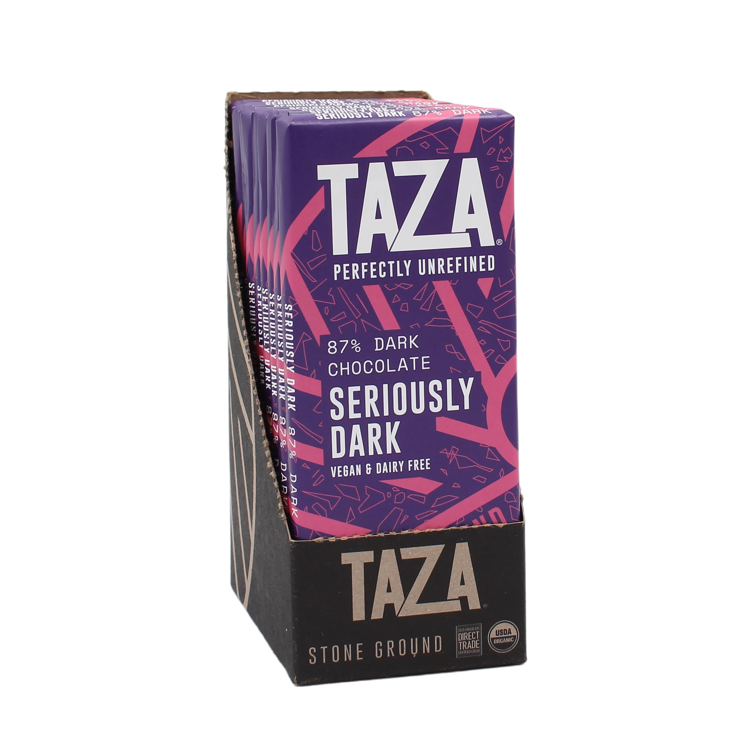 Taza Chocolate Amaze Bar 87% pack-shot reveals bold cacao flavor for vegan chocolate lovers
