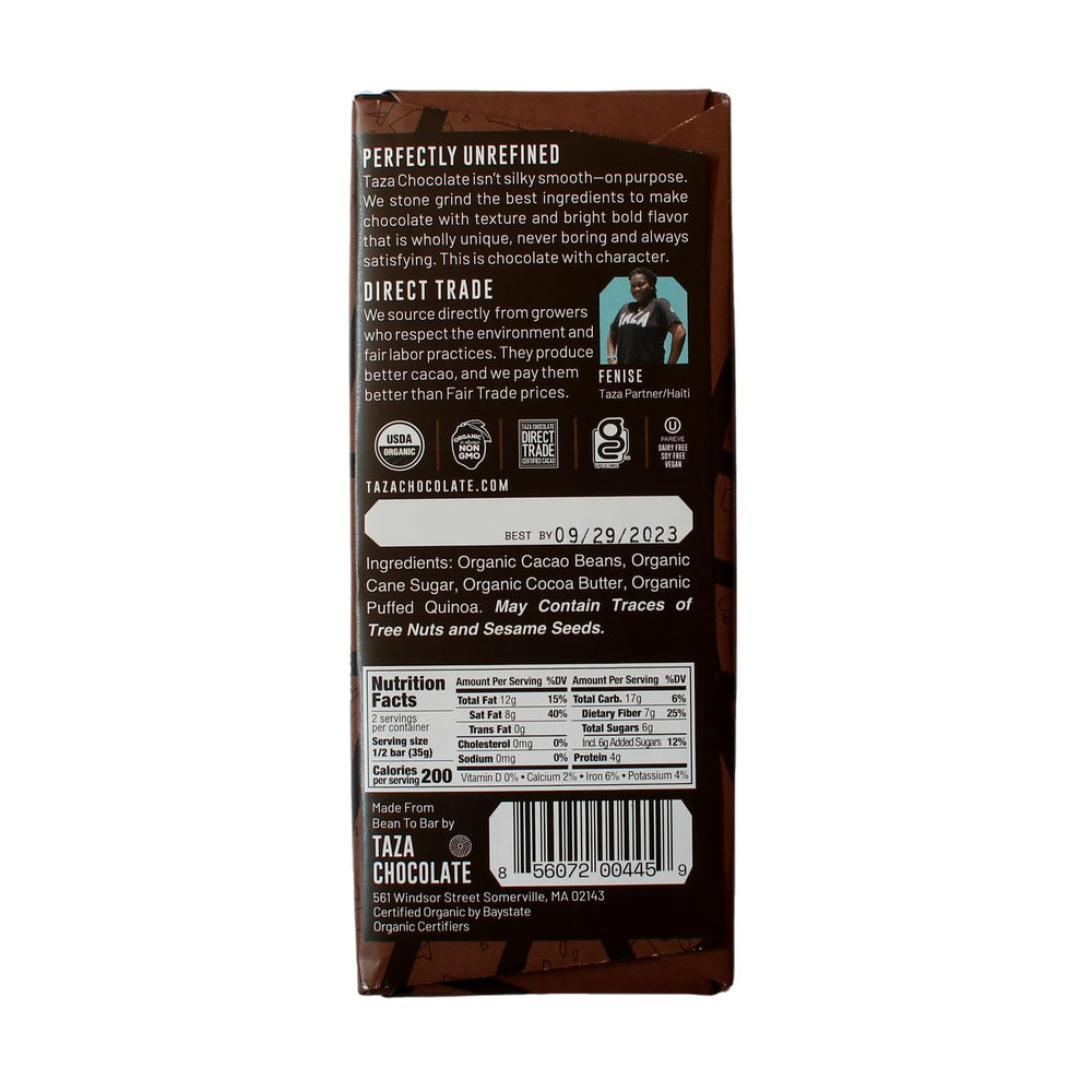 Taza Chocolate Cacao Crunch Amaze Bar with gritty texture and crunchy nibs
