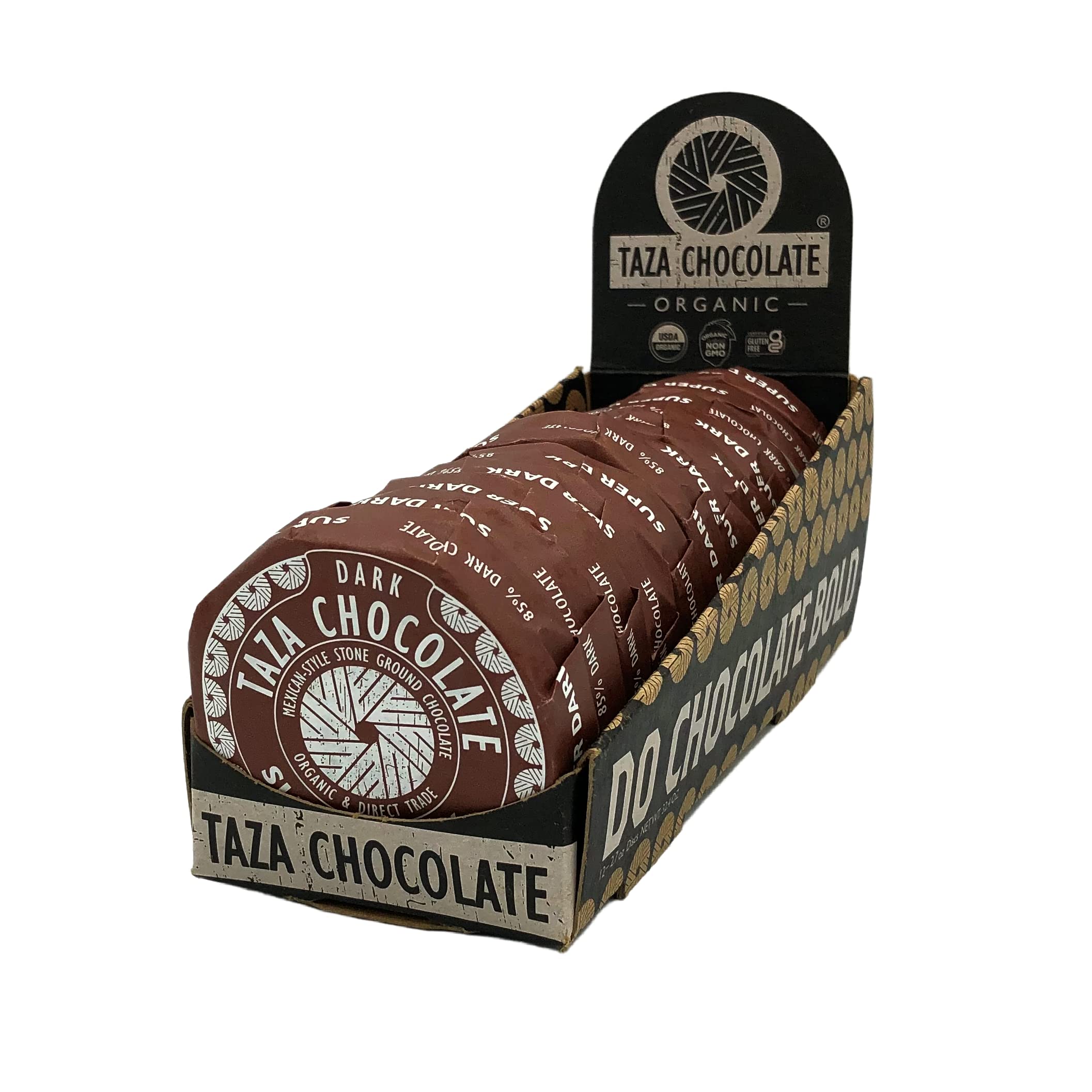 Taza Mexicano 85% disc close-up shows rich cacao, ideal for snacking