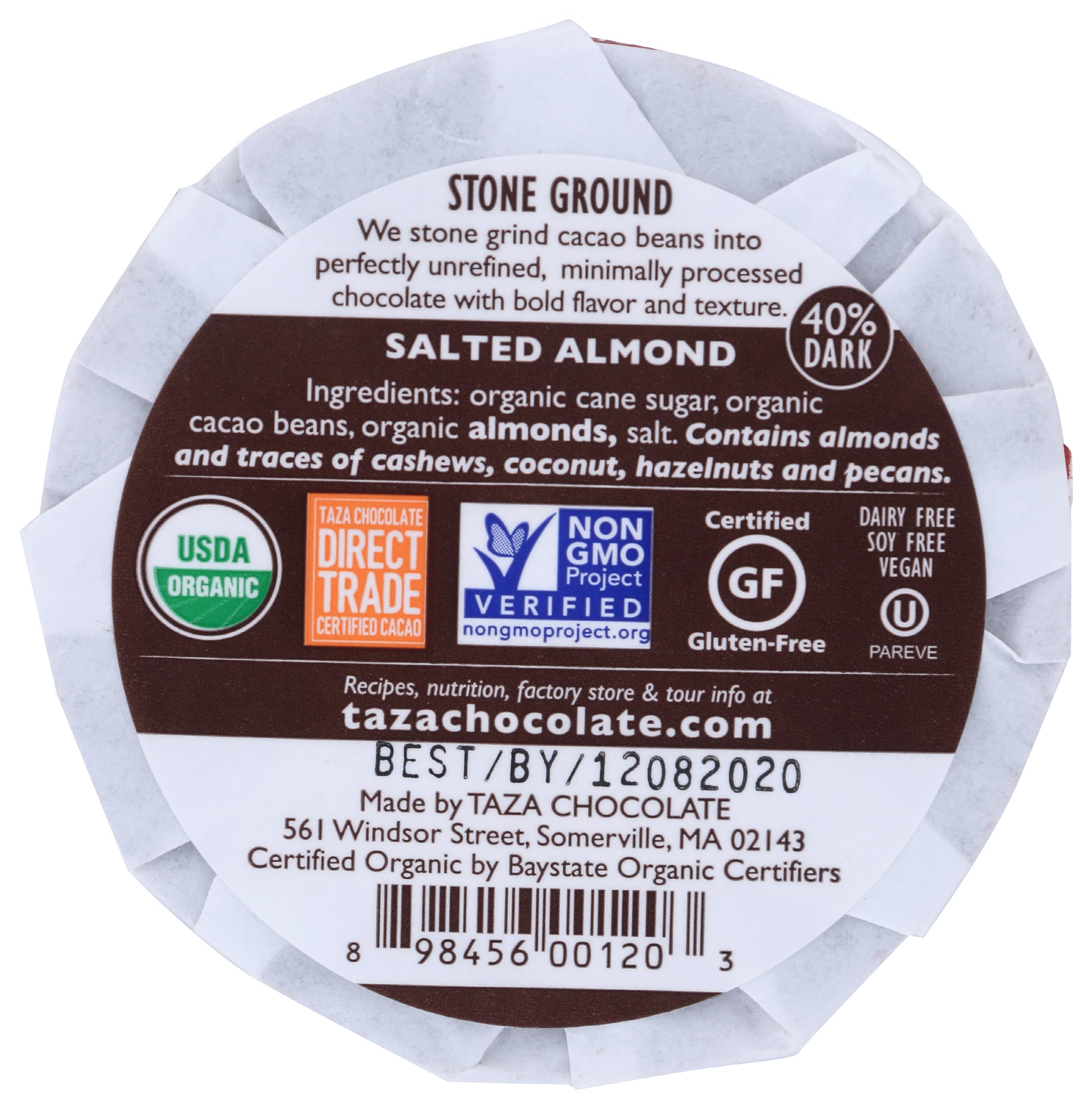 Taza Chocolate Mexicano Disc almond closeup highlighting crunchy almonds and rustic texture.