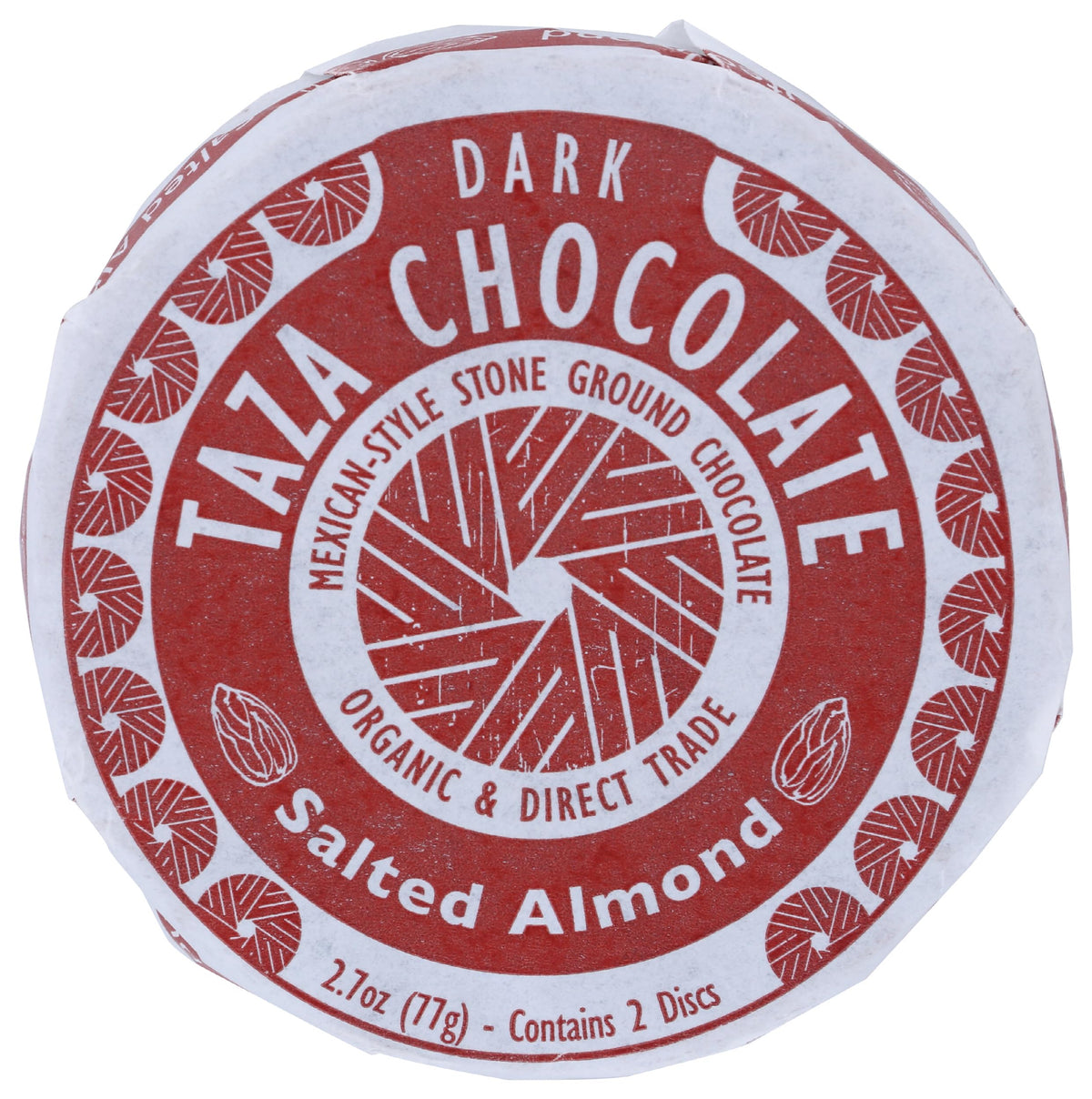 Taza Chocolate Mexicano Disc salted almond 40% with crunchy almonds for a bold vegan treat.
