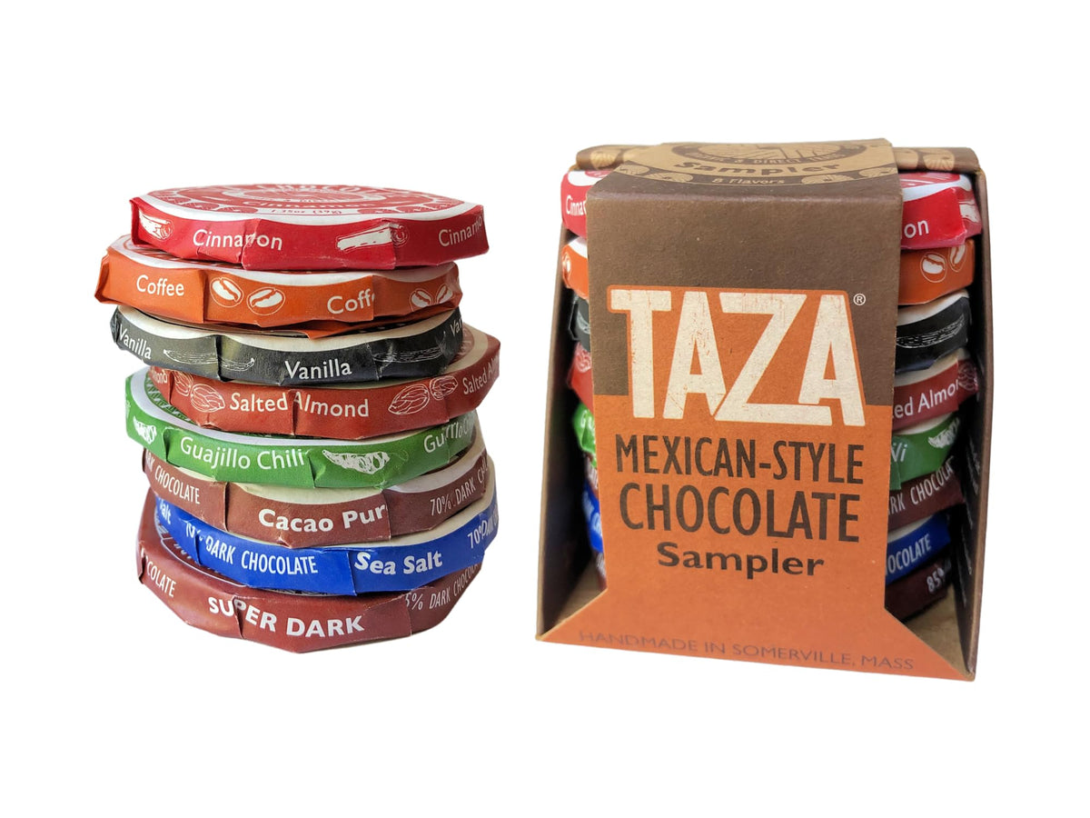 Taza Chocolate Mexicano Disc Variety Pack showing eight flavors for tasting and sharing