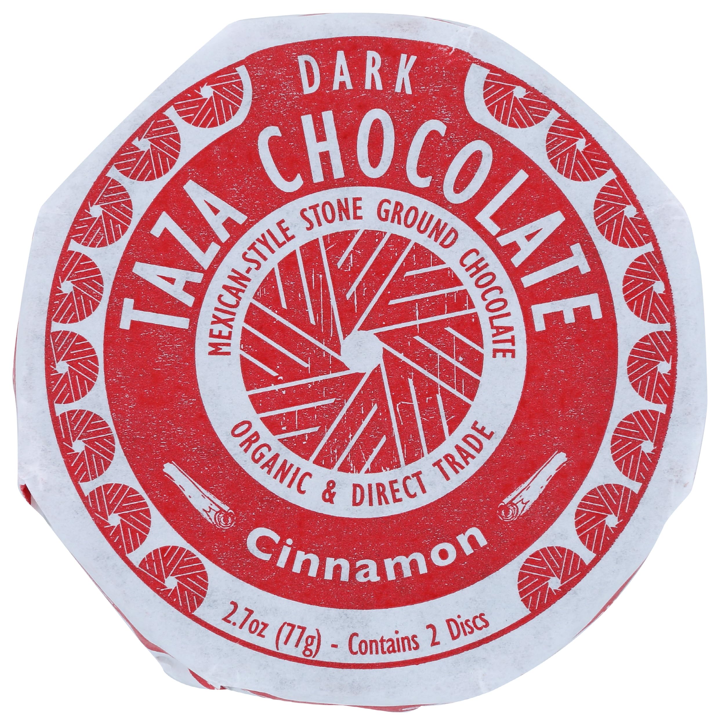 Taza Chocolate Organic Mexicano Disc 50% Cinnamon packaging shot; vegan and gluten-free.