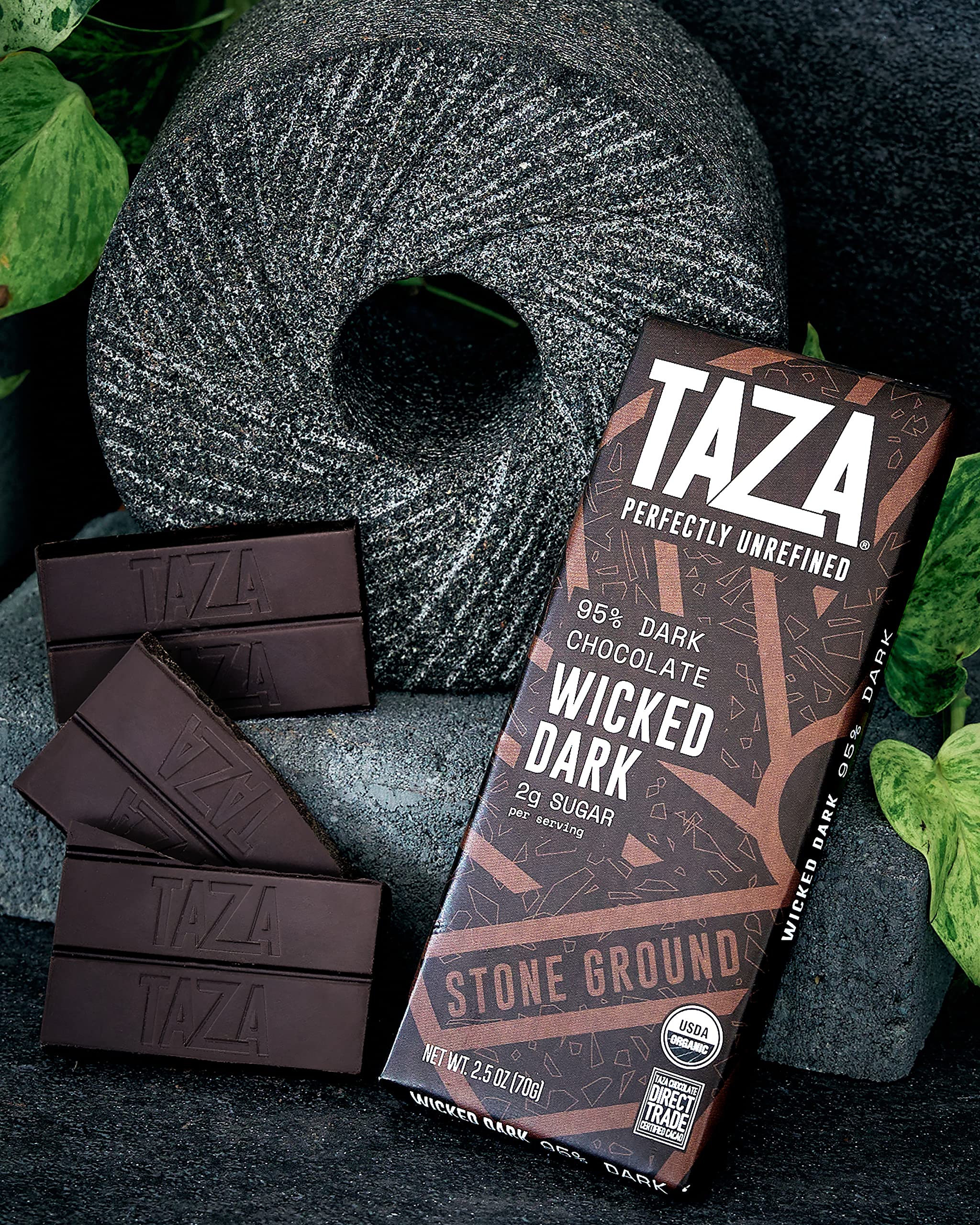 Taza Chocolate Wicked Dark Amaze Bar 95% ingredients highlight organic cacao and Direct Trade