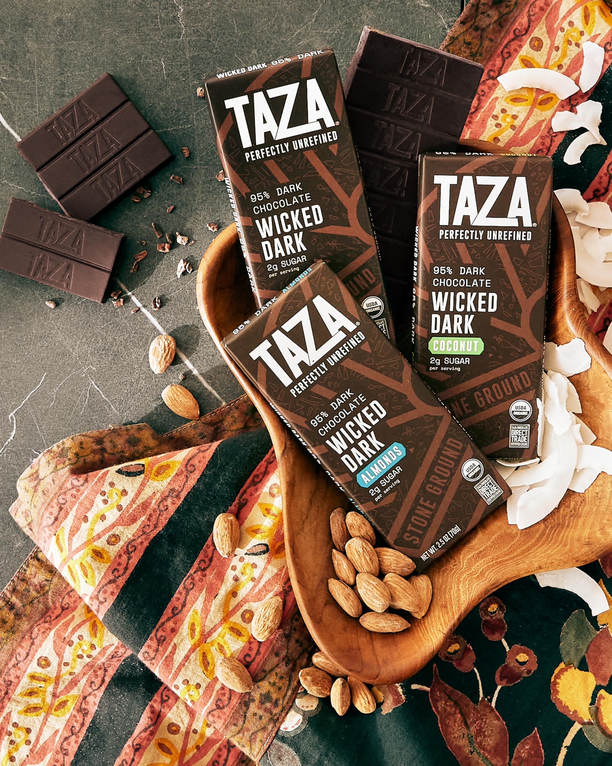 Taza Chocolate Wicked Dark Amaze Bar 95% Somerville factory backdrop