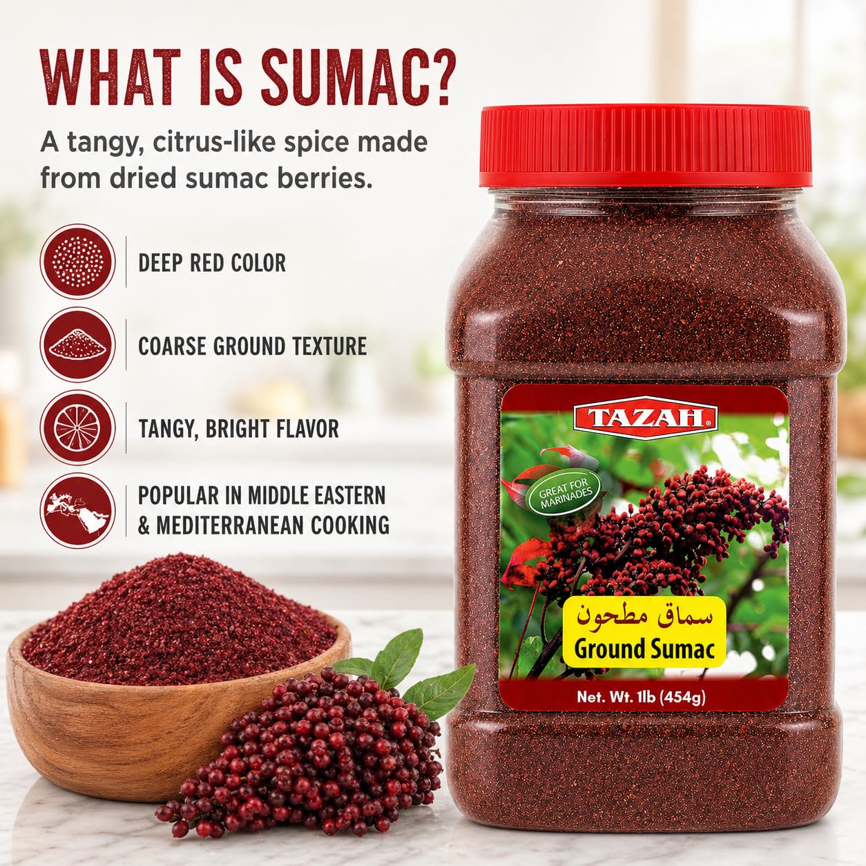 Tazah Sumac Spice ground powder texture close-up, easy to sprinkle.