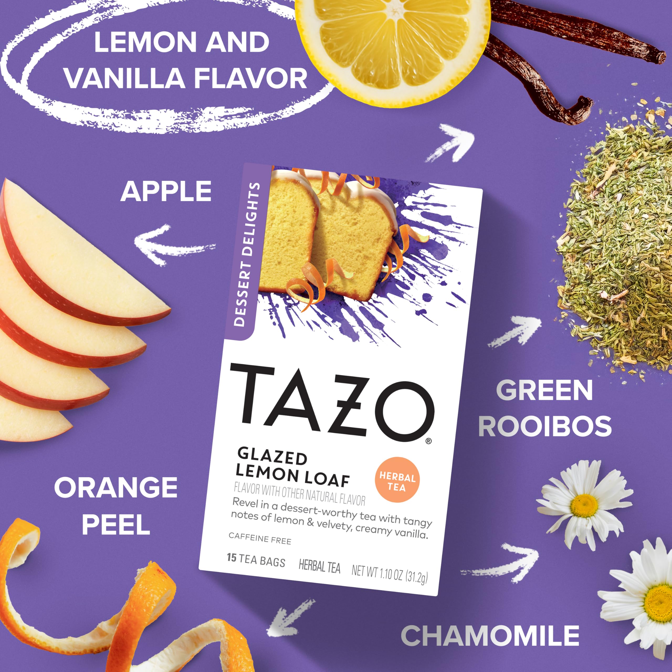 TAZO caffeine-free herbal tea bag offers a soothing option any time.