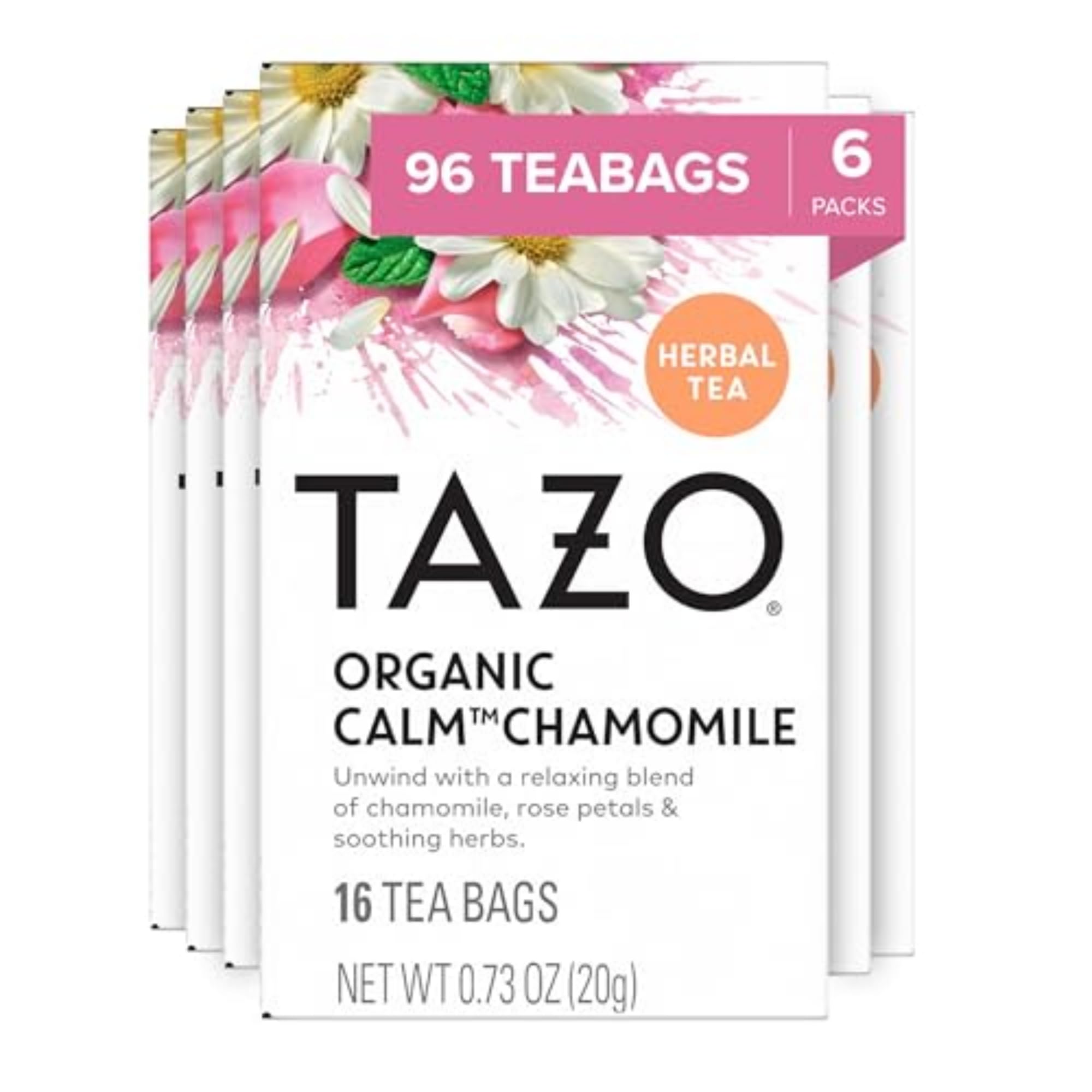 TAZO Calm Chamomile tea bag ready for a caffeine-free evening.