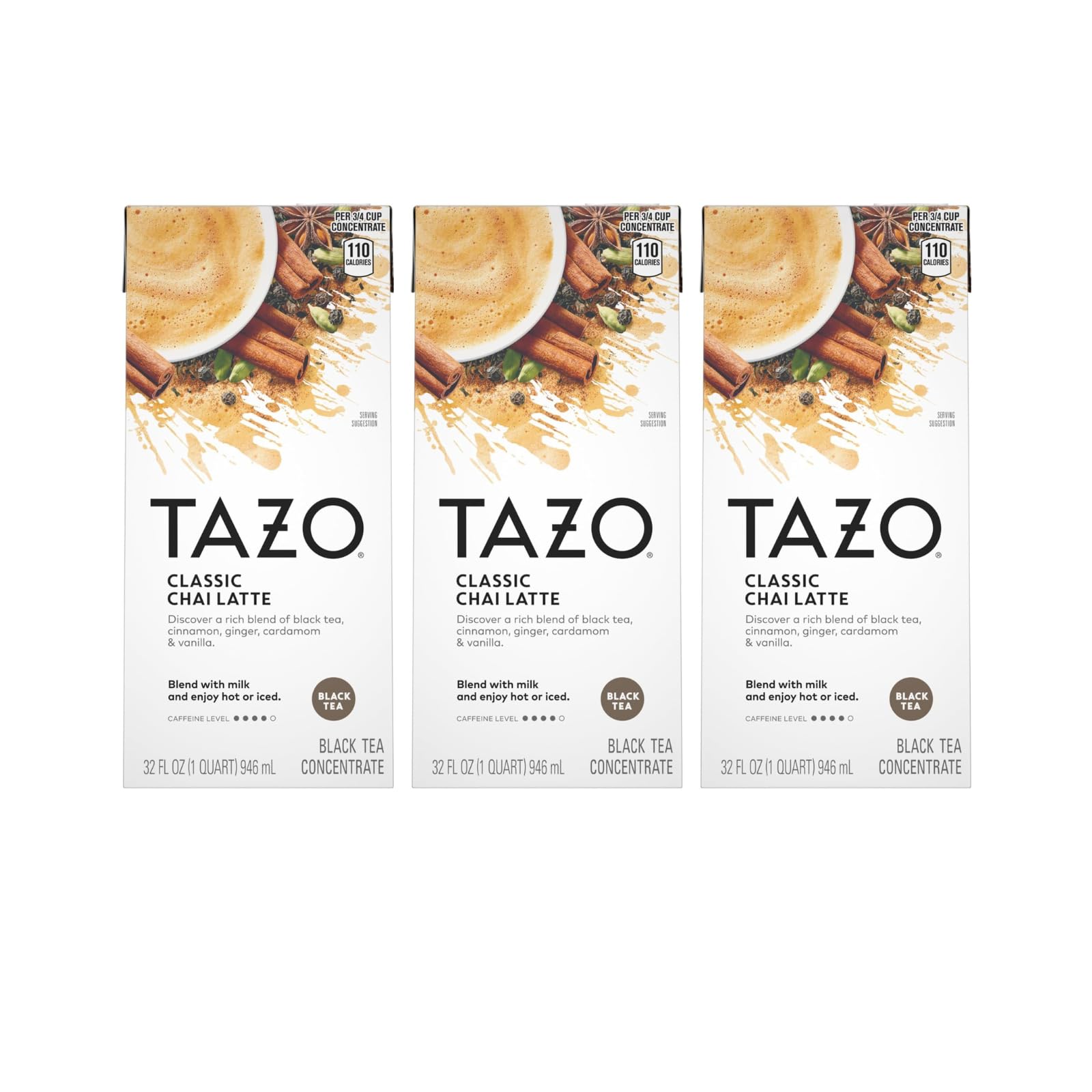 TAZO chai latte concentrate front bottle shows bold spice blend for rich flavor