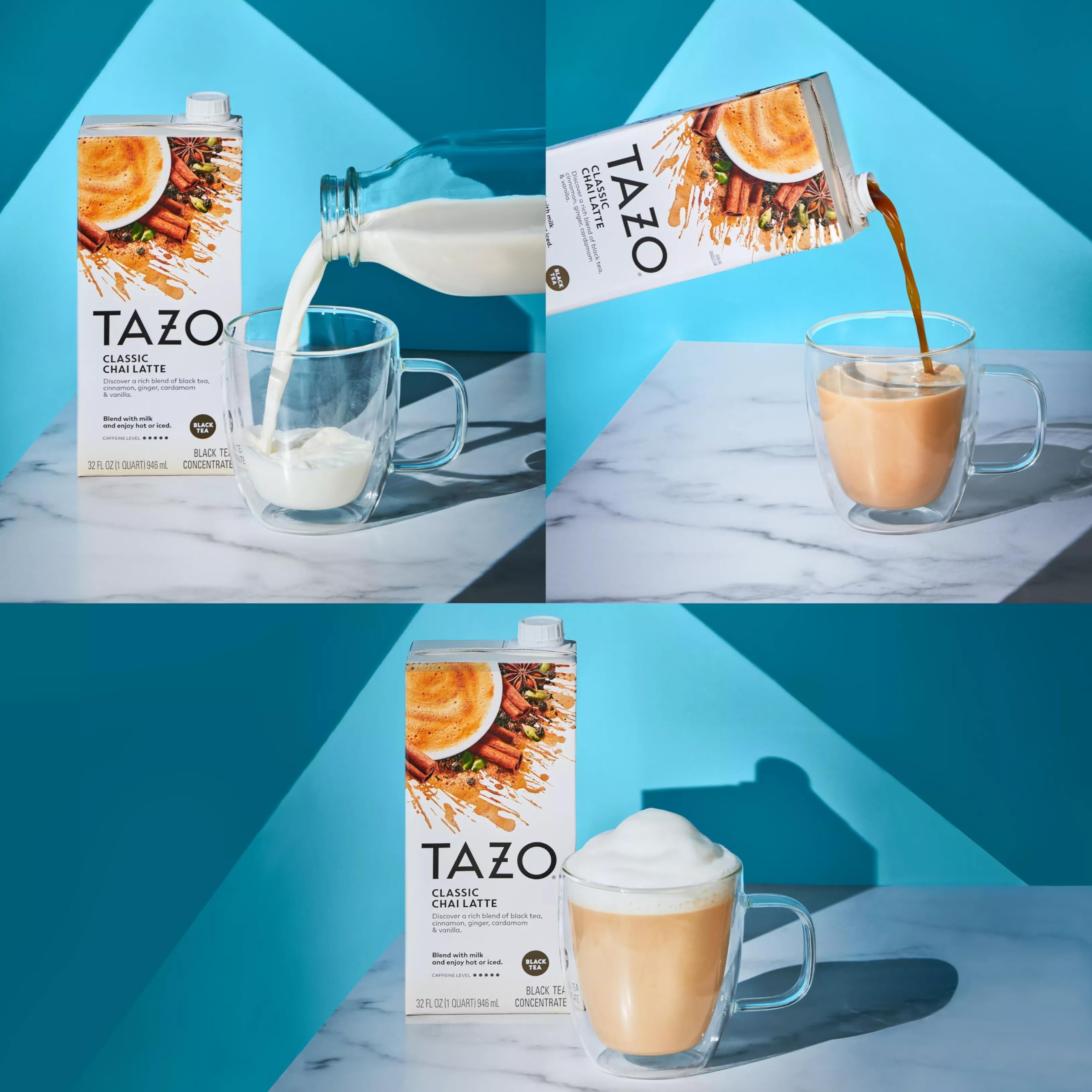 Three bottle pack display of TAZO chai concentrate for value