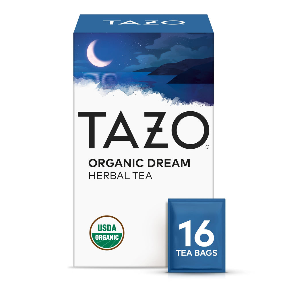 TAZO DREAM tea bag in cup showing calming chamomile and lavender notes for bedtime ritual
