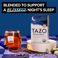 TAZO DREAM steaming cup highlights vanilla and almond warmth
