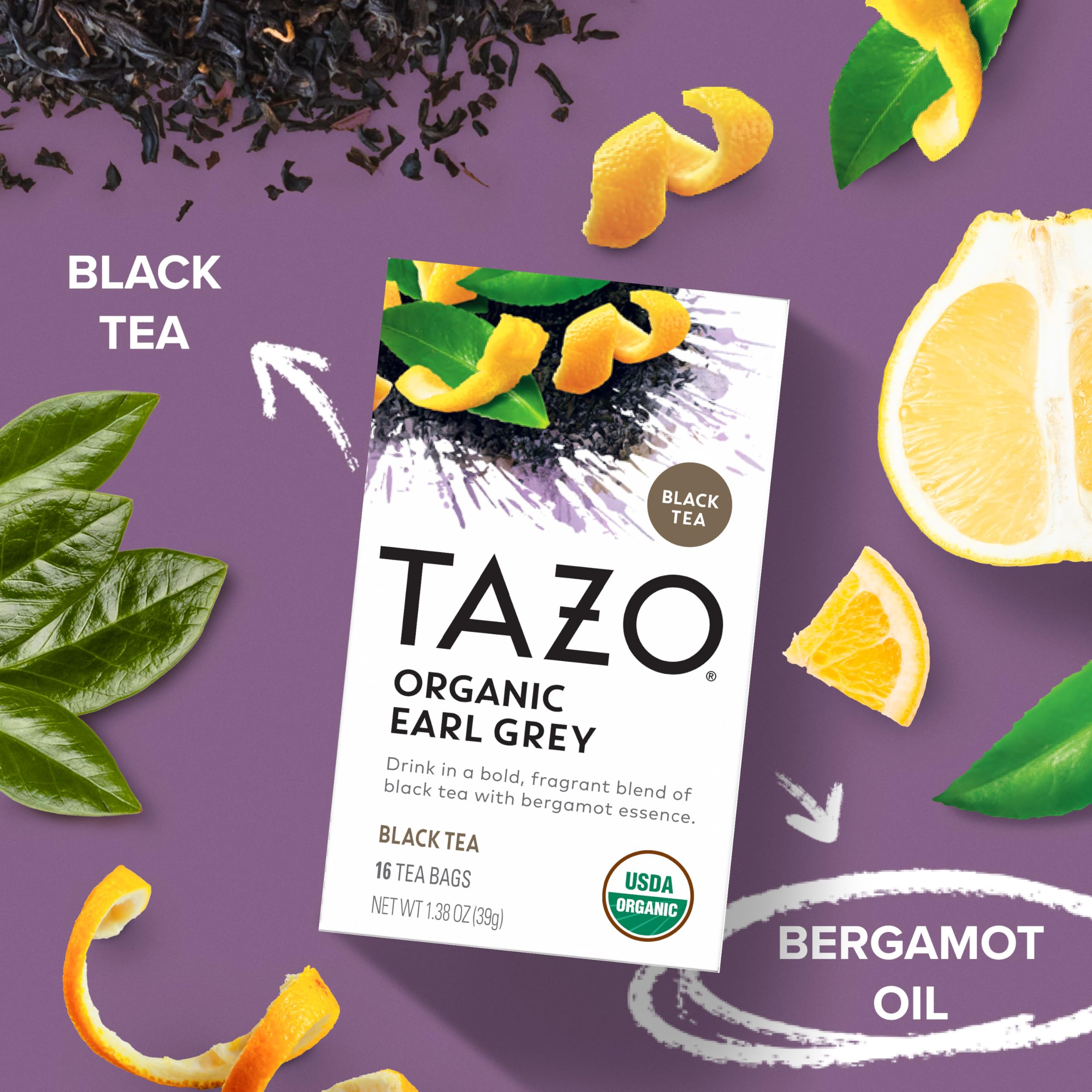 TAZO Earl Grey bergamot essence close-up, signaling bold flavor and caffeinated energy.