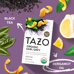 TAZO Earl Grey bergamot essence close-up, signaling bold flavor and caffeinated energy.