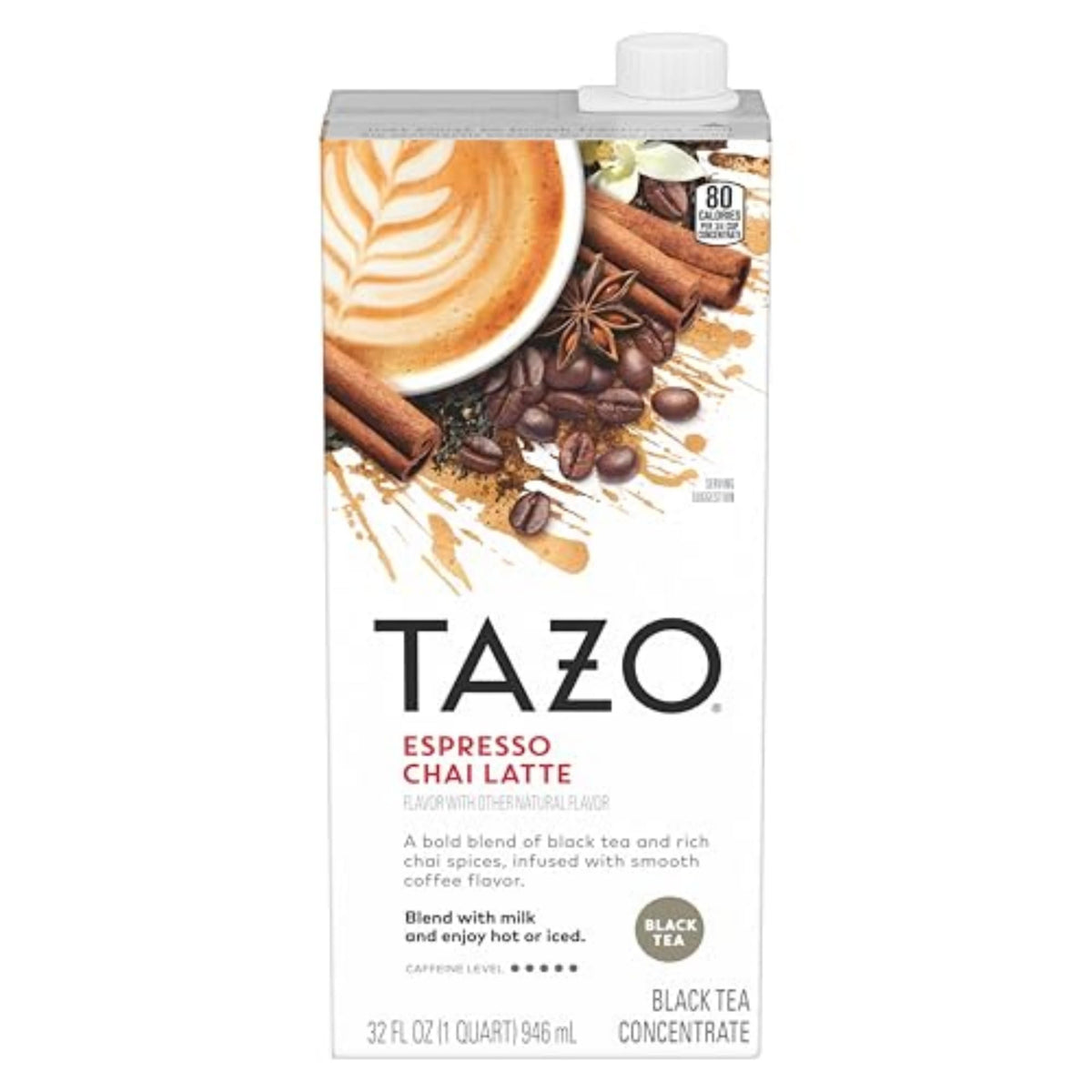 TAZO Espresso Chai Latte concentrate bottle showcasing bold flavors for cafe-style drinks at home.