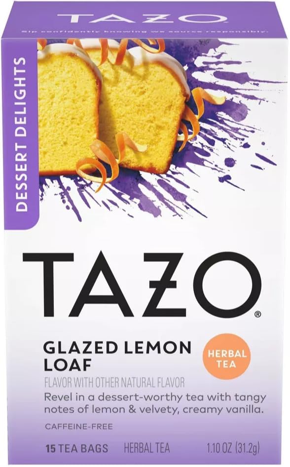 TAZO Glazed Lemon Loaf Herbal Tea cup with bright citrus aroma in every sip