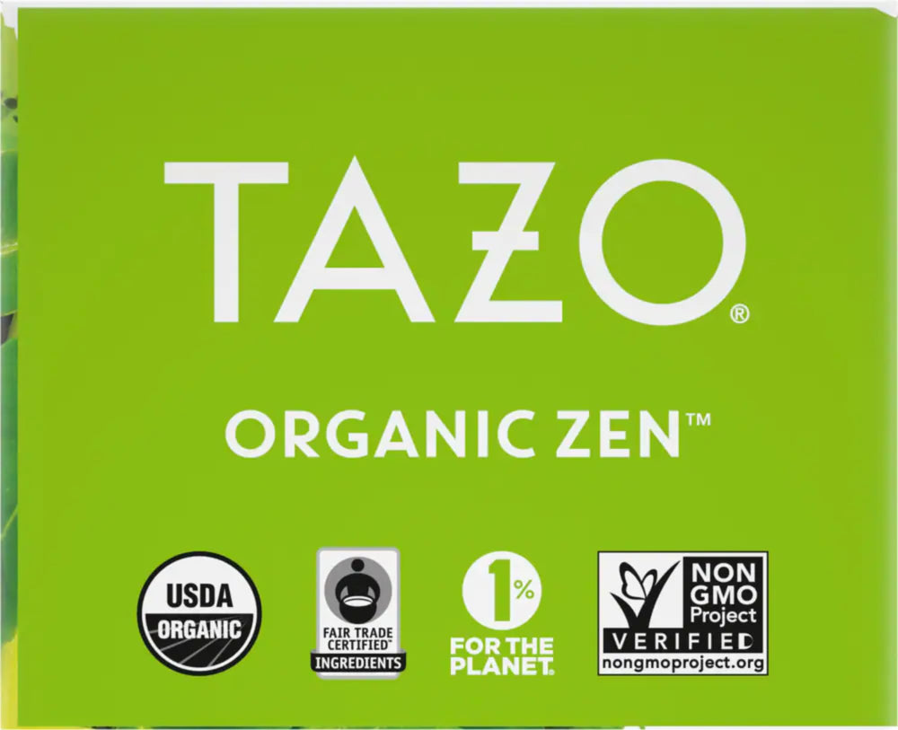 TAZO green tea steaming in a cup, steeps in three minutes for quick refreshment.