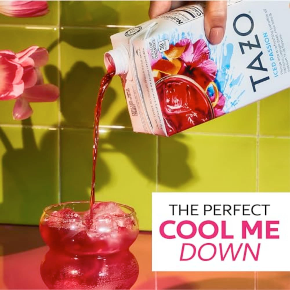 TAZO Iced Passion bottle with ingredients signals simple, flavorful beverage prep.
