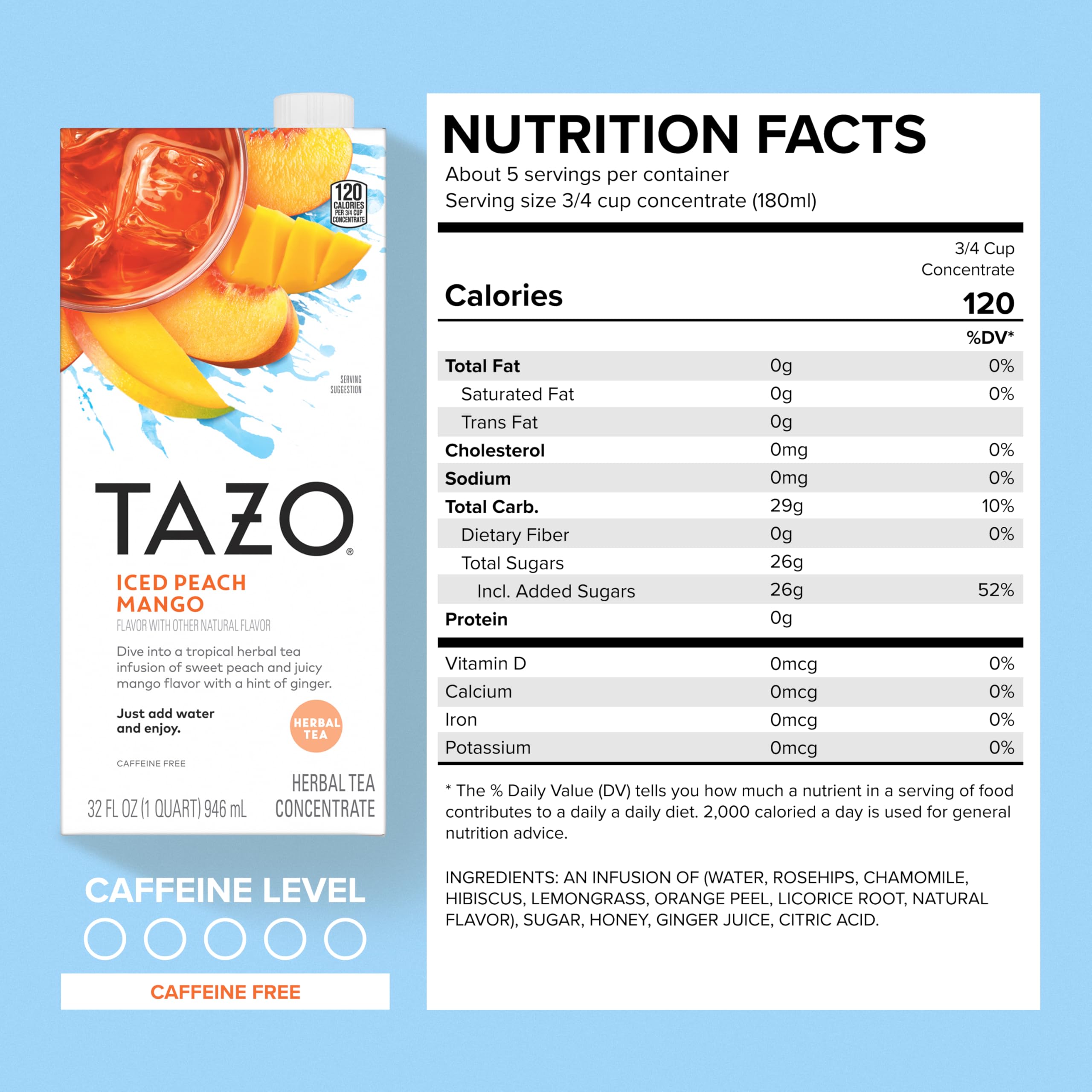 TAZO Iced Peach Mango concentrate being poured over ice for quick refreshment