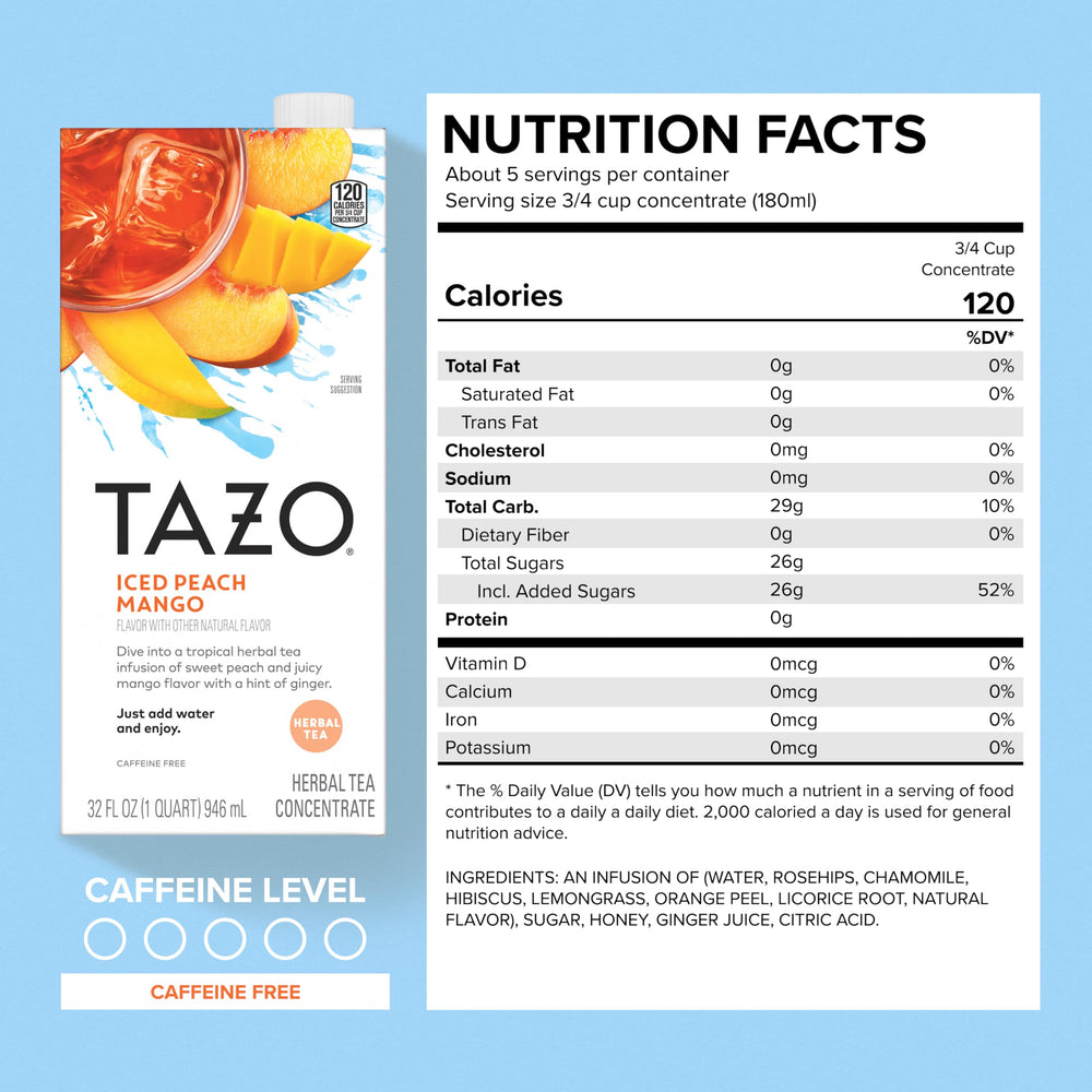 TAZO Iced Peach Mango concentrate being poured over ice for quick refreshment