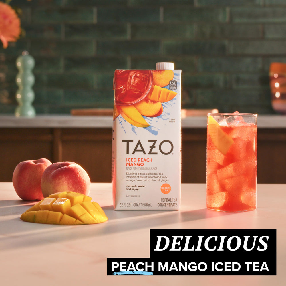 Close-up of peach, mango, and ginger notes in TAZO concentrate