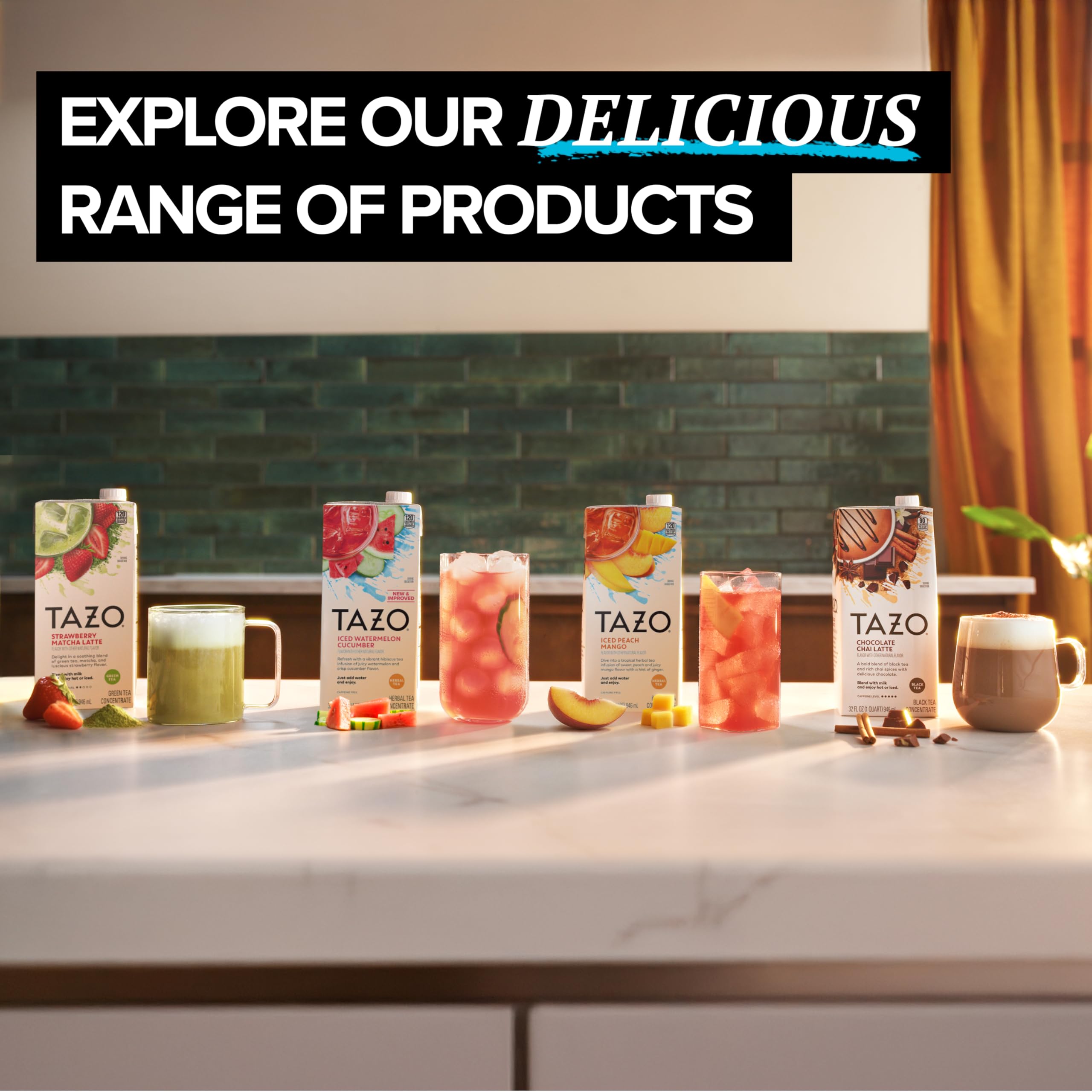 Blend into a tropical mocktail or light cocktail using TAZO Peach Mango