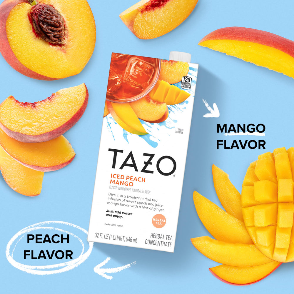 Glass with iced TAZO Iced Peach Mango Tea for a refreshing sip