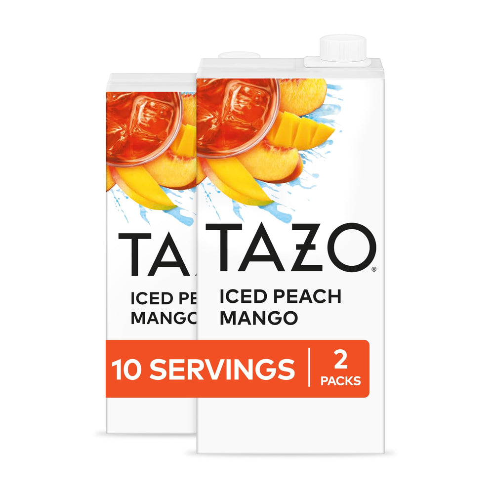 TAZO Iced Peach Mango Tea packaging front, caffeine-free refreshment for any time
