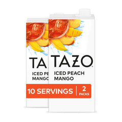 TAZO Iced Peach Mango Tea packaging front, caffeine-free refreshment for any time