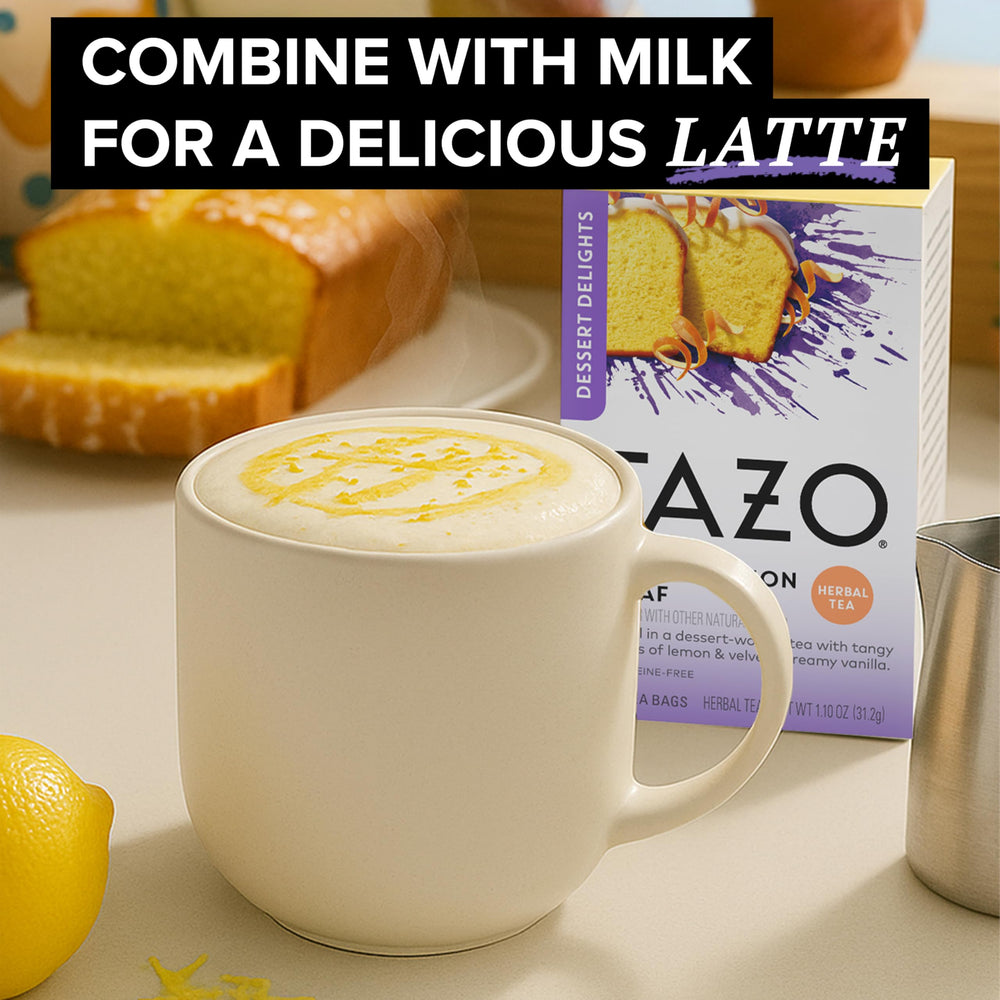 TAZO Glazed Lemon Loaf delivers lemon and velvety vanilla notes in cup.
