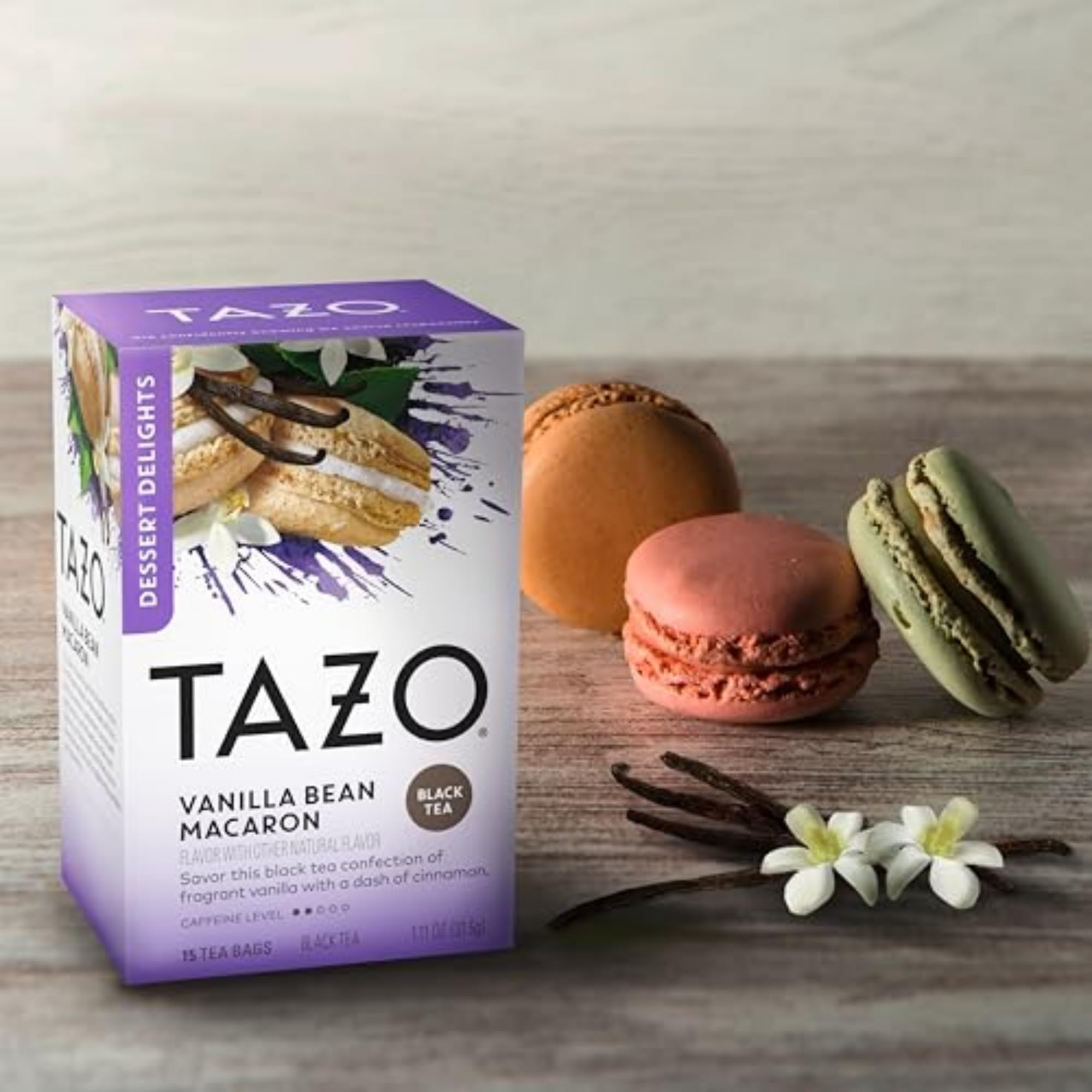 TAZO non-GMO and kosher certification seal on packaging.