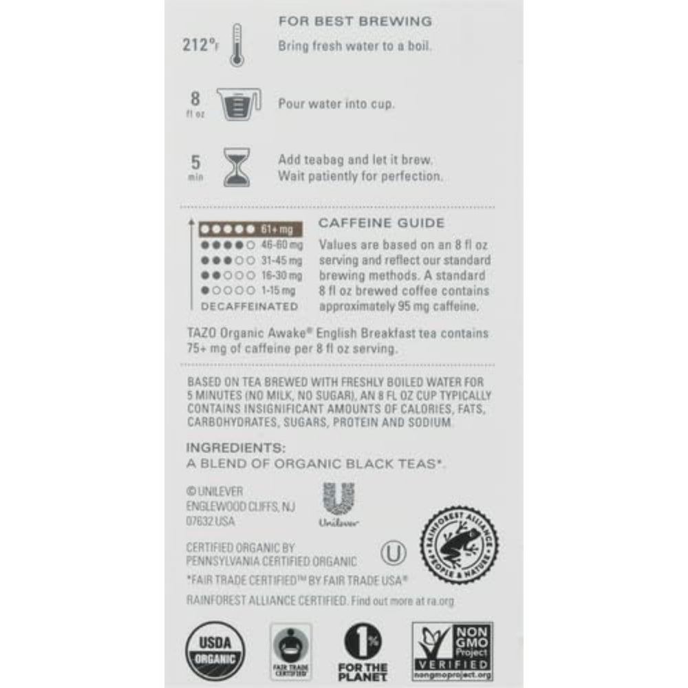 TAZO Organic Awake English Breakfast box showing organic, fair trade ingredients.
