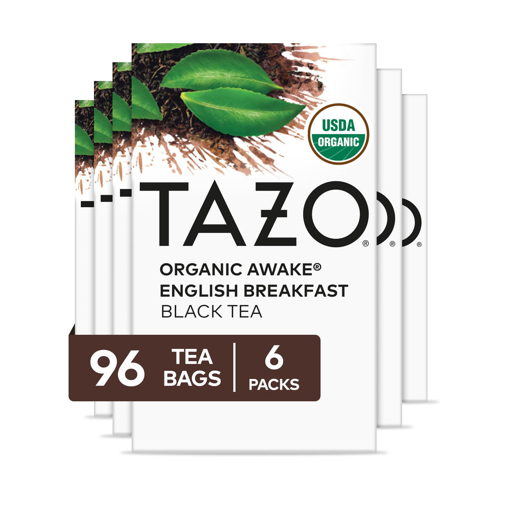 TAZO Organic Awake box set showing six 16-count boxes for mornings