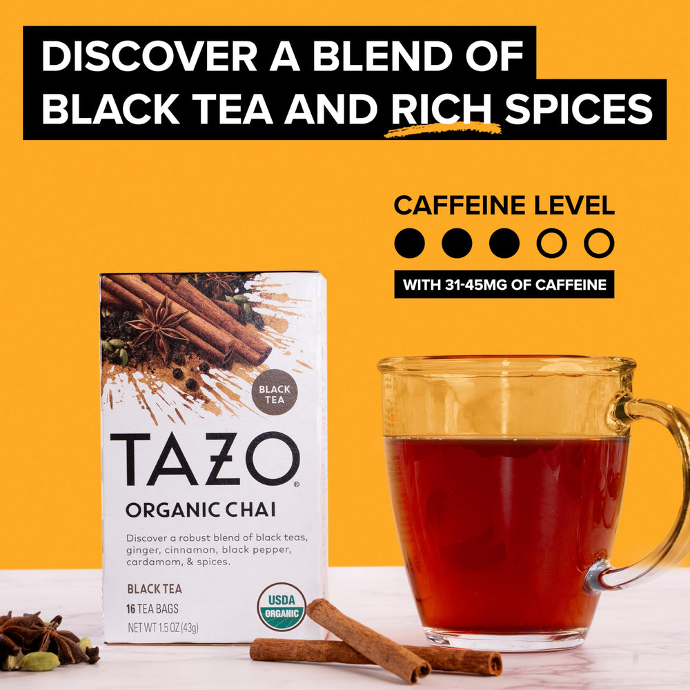 Pouring brewed TAZO Organic Chai into a cup for comfort