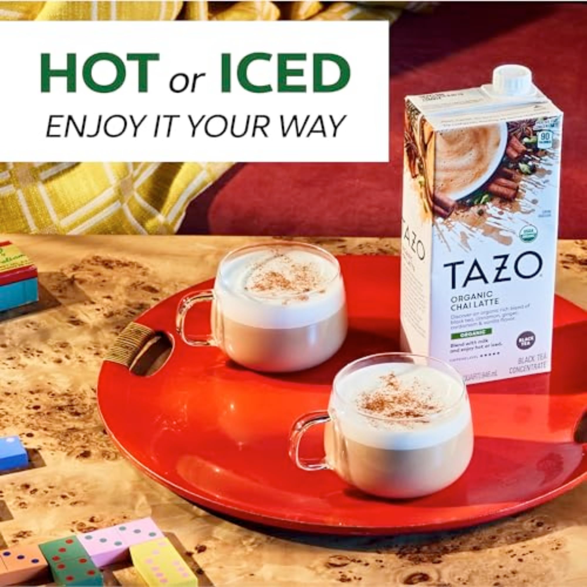 Iced serving: TAZO chai concentrate over ice for refreshing, café-style chai.