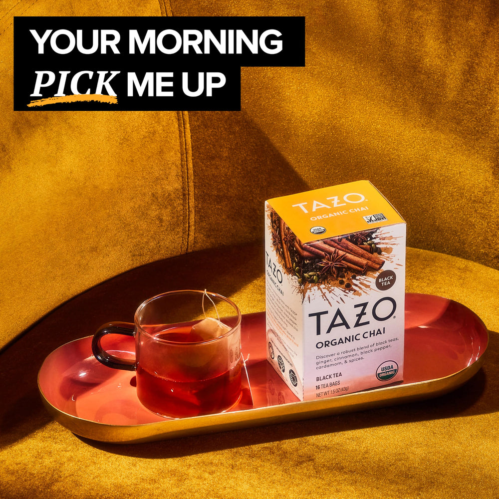 Close-up of TAZO chai tea bags with warm spice notes