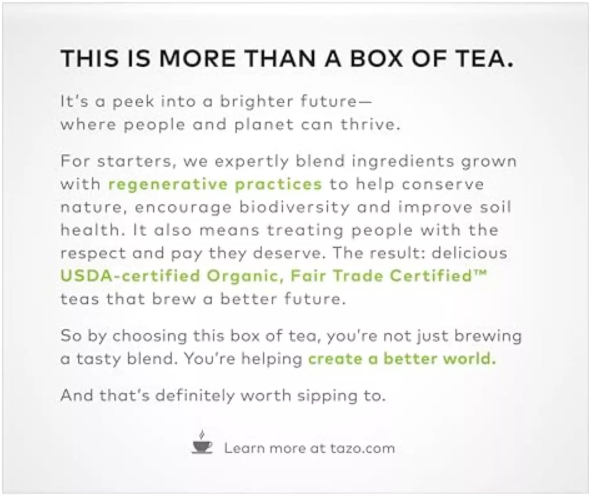 TAZO Zen organic blend showing kosher and Non-GMO seals for trusted sourcing.