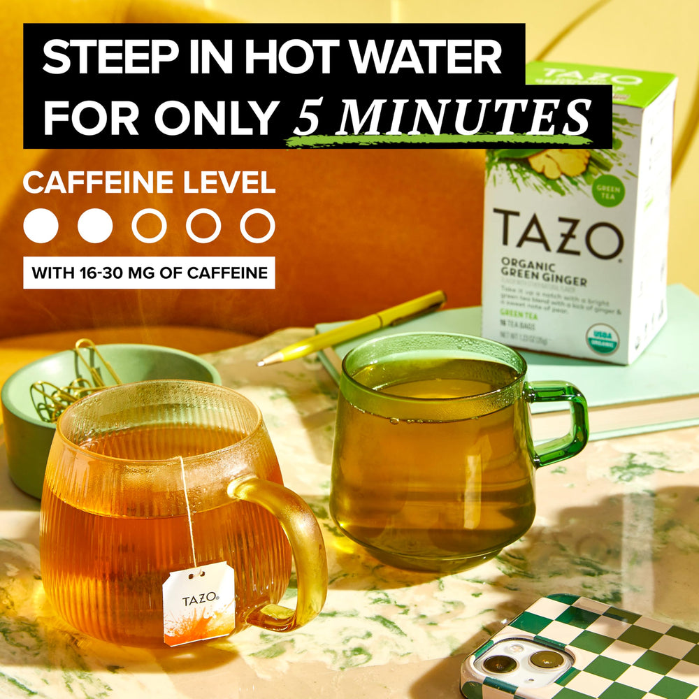 Packaging shows kosher and Non-GMO certifications for TAZO Green Ginger