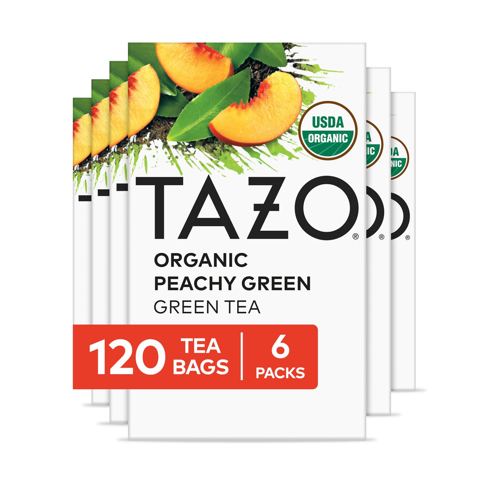TAZO Organic Peachy Green Tea bags packaging showing six-pack convenience