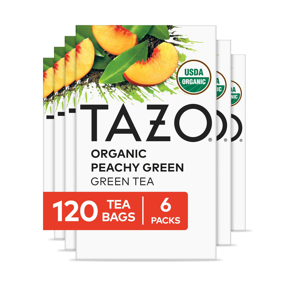 TAZO Organic Peachy Green Tea bags packaging showing six-pack convenience