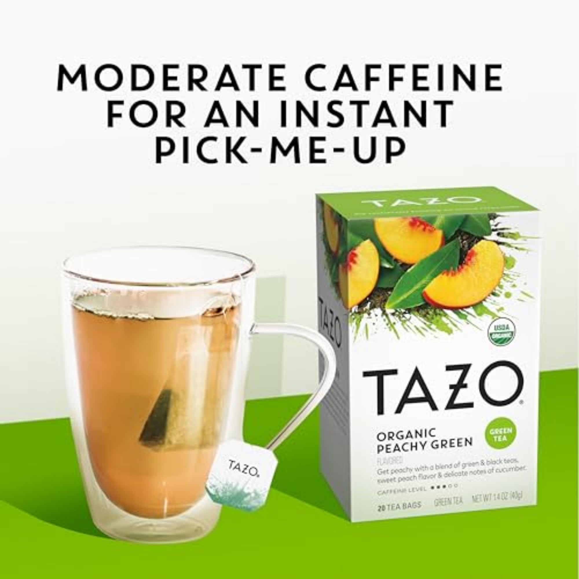 TAZO Organic Peachy Green Tea pack of six bags on display