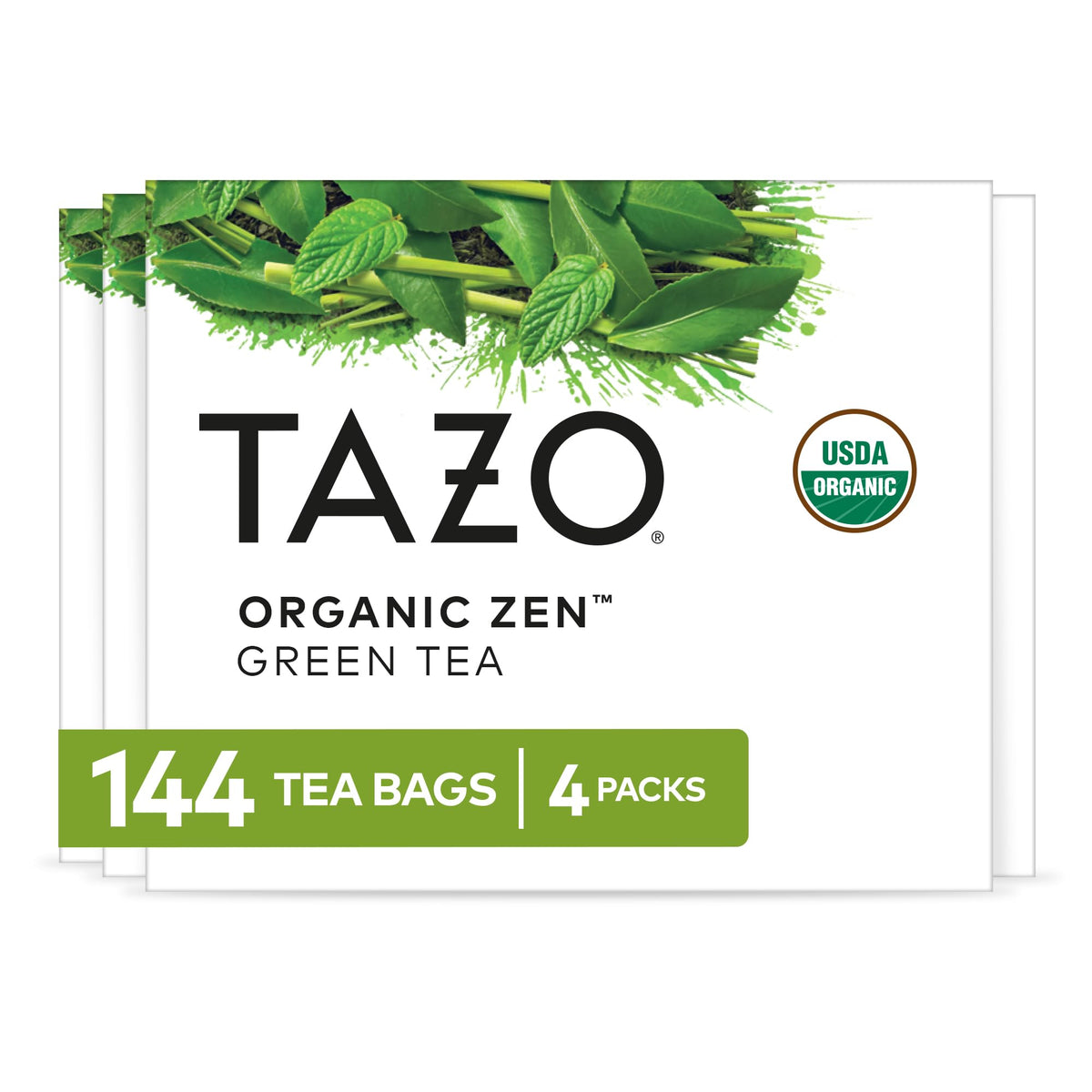 TAZO Organic Zen Green Tea bag close-up highlighting a crisp, refreshing blend