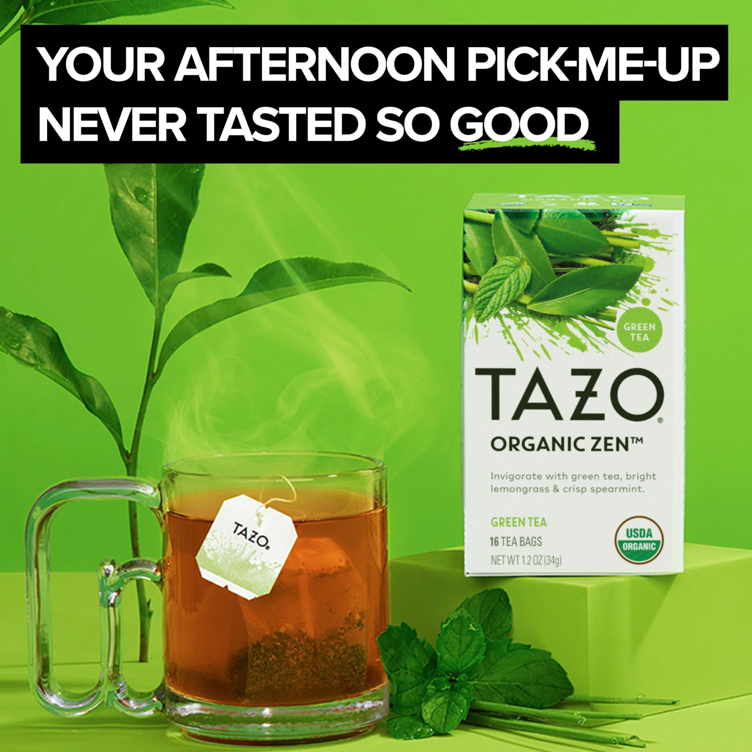 TAZO Organic Zen Green Tea with spearmint enhances a fresh aroma