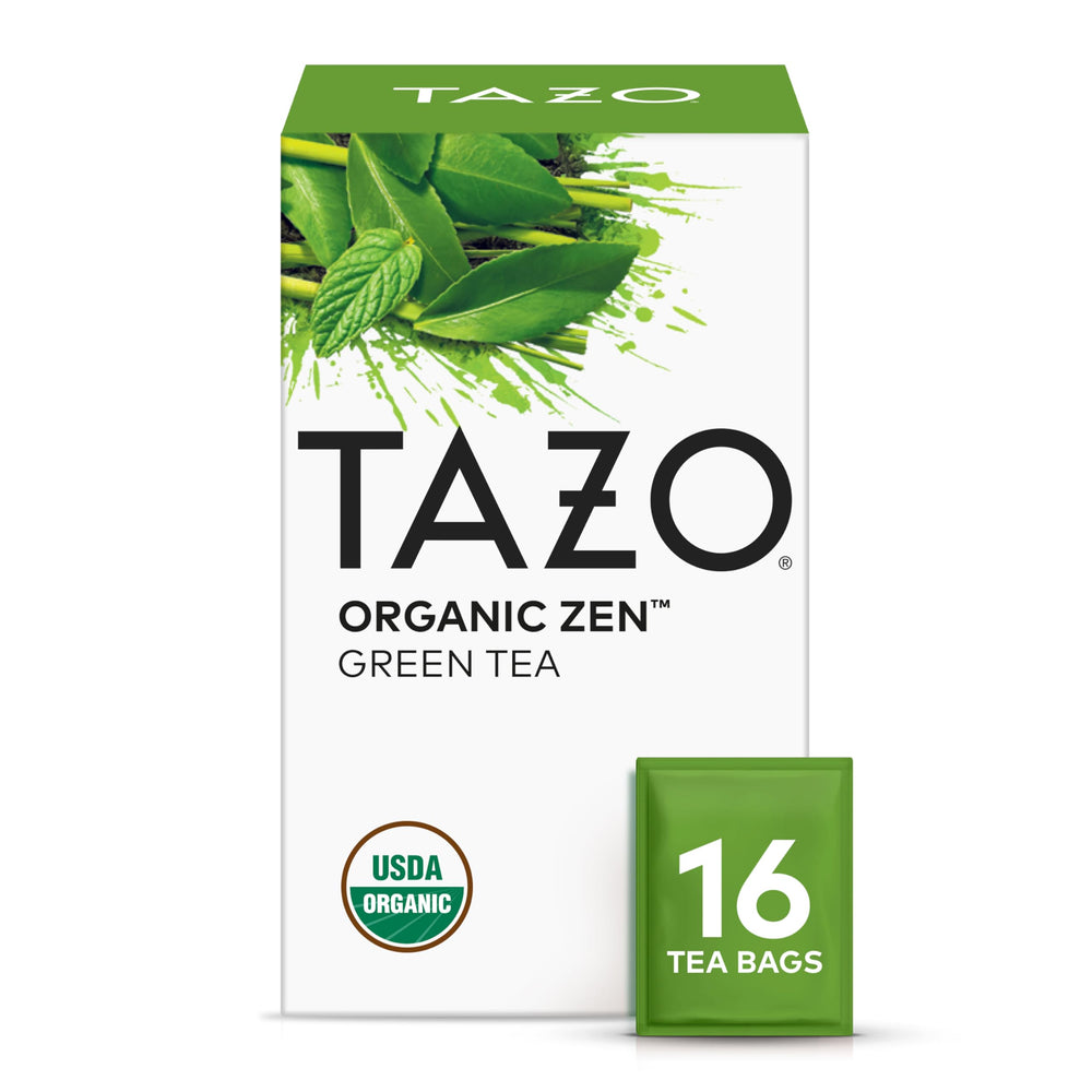 TAZO Organic Zen Green Tea box front highlights a calming, caffeinated blend for a bright start.
