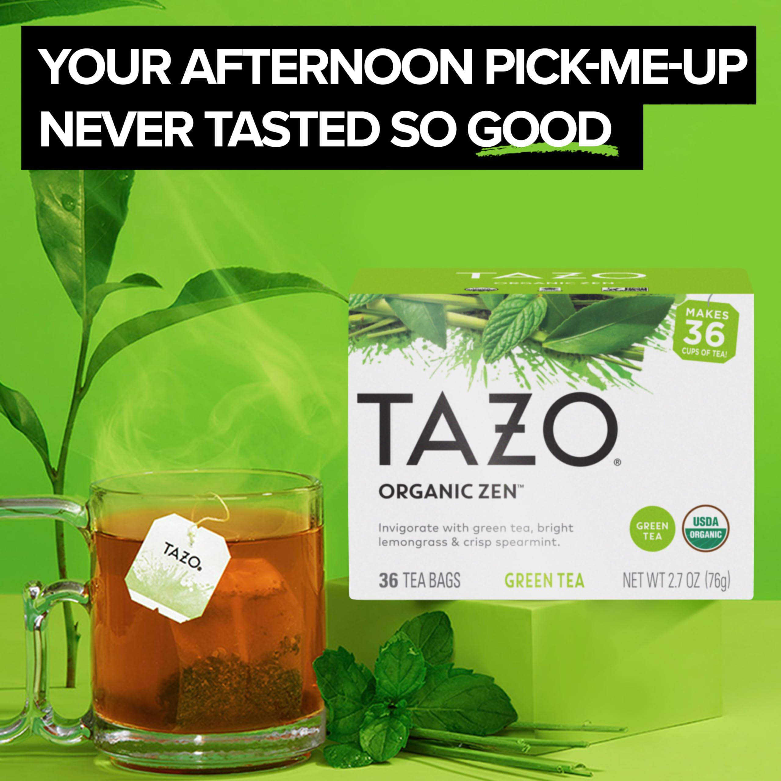 Steaming cup of TAZO Organic Zen Green Tea with mint aroma