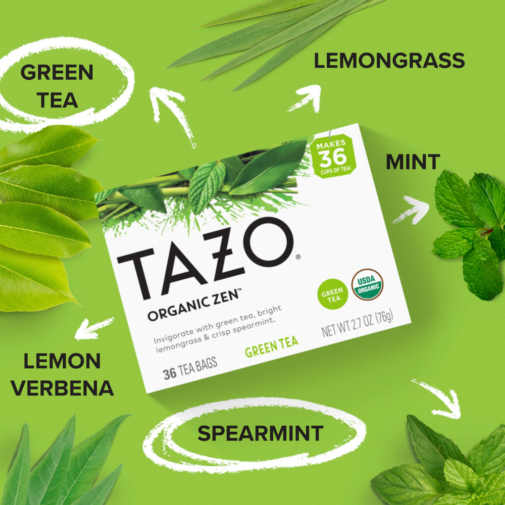 Fresh mint sprig with TAZO Zen Green Tea signals a cooling sip