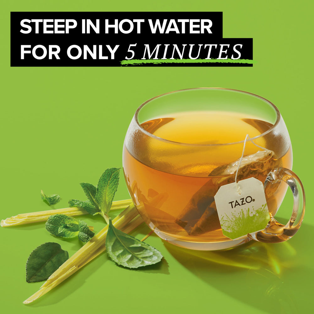 TAZO Zen Green Tea spearmint leaves highlight a cooling herbal note.
