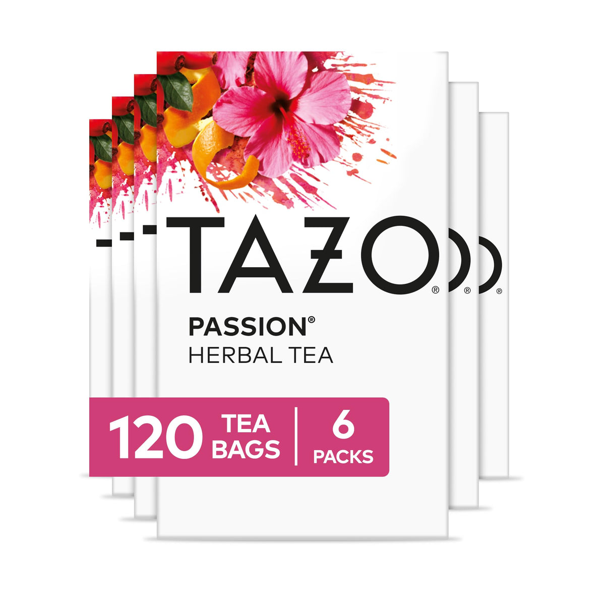 TAZO Passion Herbal Tea bags steeping in a mug for a caffeine-free, fruit-forward cup.