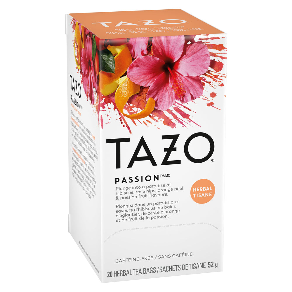 TAZO Passion Herbal Tea box open revealing 20 tea bags per pack.